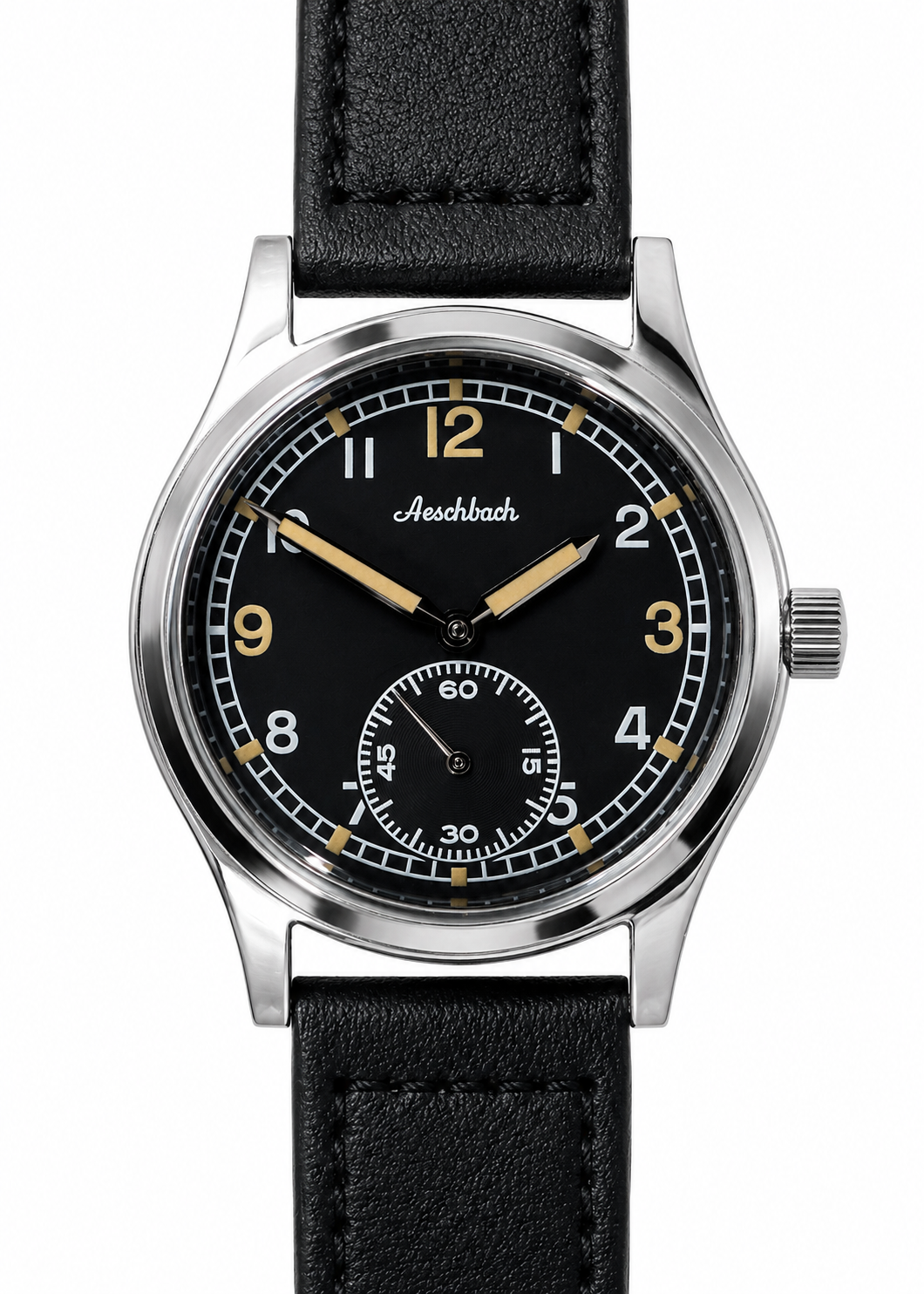 Reloj de servicio Aeschbach patrón WW2 alemán Wehrmacht y Luftwaffe (Ejército/Fuerza Aérea) con movimiento suizo Sellita SW216 de 24 joyas y cristal de zafiro abovedado vintage