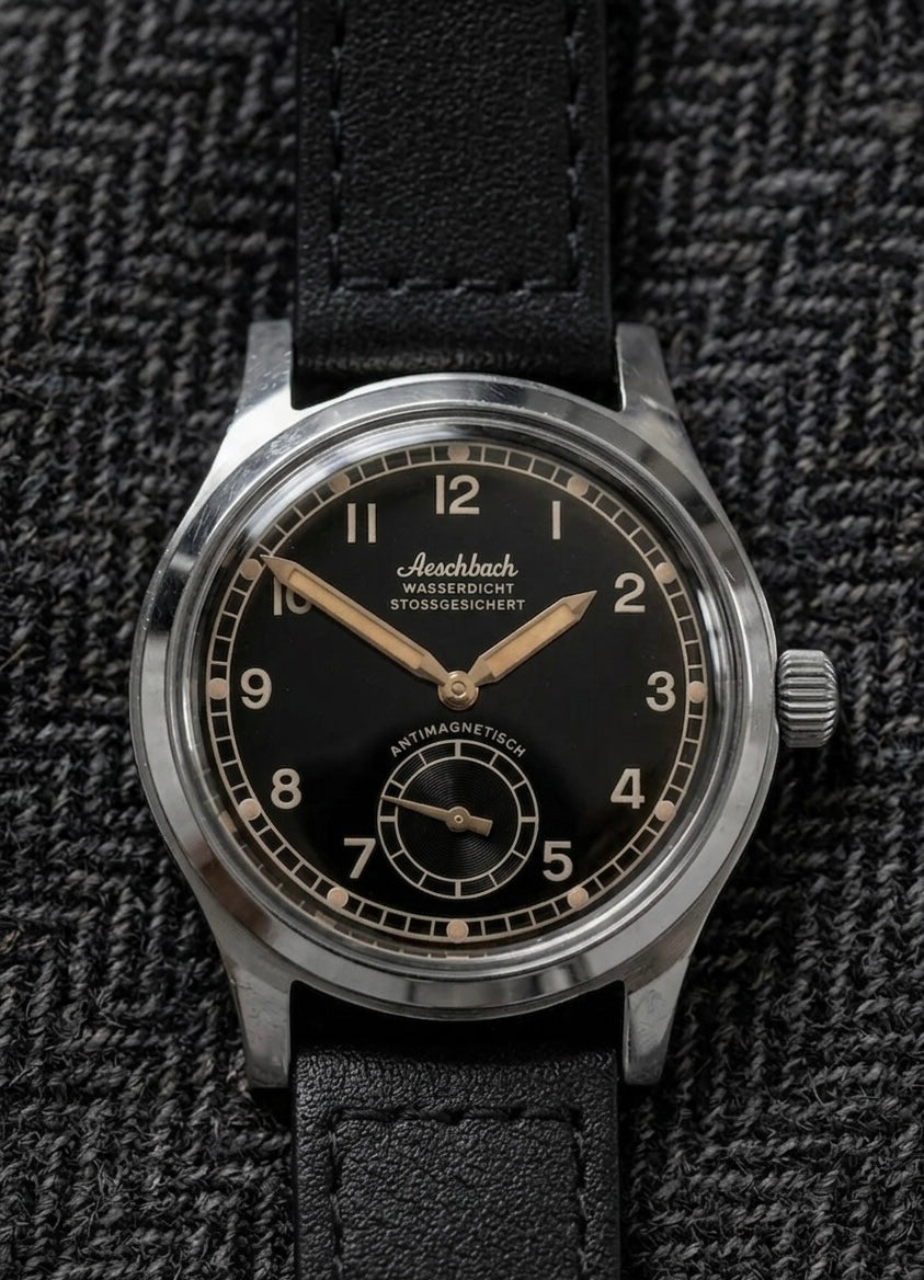 Aeschbach WW2 Pattern Germany Luftwaffe / Reichsluftfahrtministerium (RLM) Pilots Watch with a 24 Jewel Swiss Sellita SW216 Movement and a Domed Vintage Box Sapphire Crystal