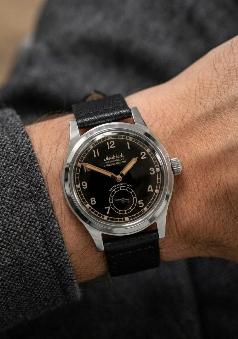 Aeschbach WW2 Pattern Germany Luftwaffe / Reichsluftfahrtministerium (RLM) Pilots Watch with a 24 Jewel Swiss Sellita SW216 Movement and a Domed Vintage Box Sapphire Crystal
