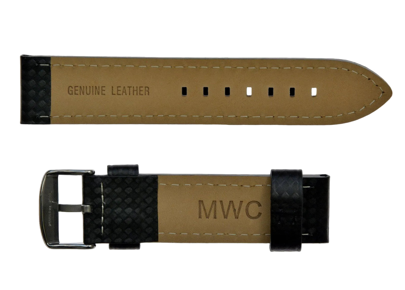 Correa de reloj de cuero efecto fibra de carbono negra de 22mm con marca MWC