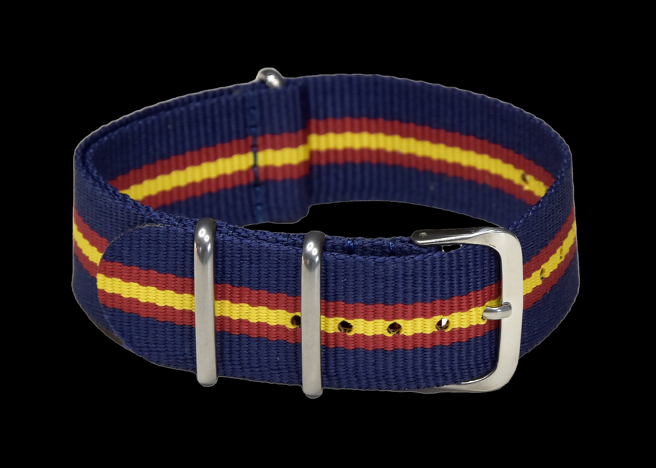 18mm NATO-Militär-Uhrenarmband in Marineblau, Rot und Gelb.