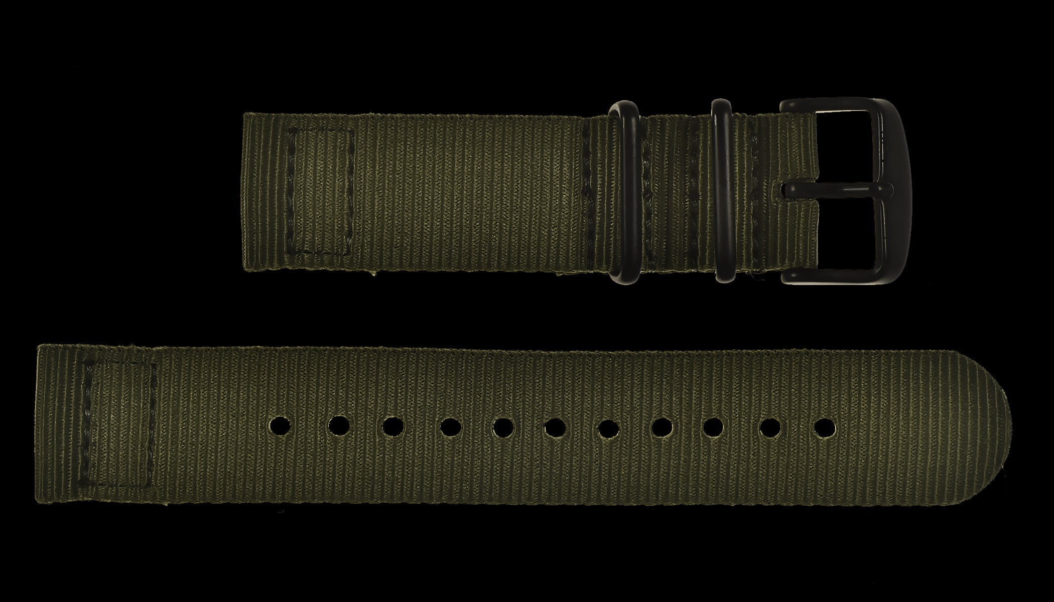 2-teiliges 20mm olivgrünes NATO Militär-Uhrenarmband aus ballistischem Nylon mit schwarzen PVD-Verschlüssen