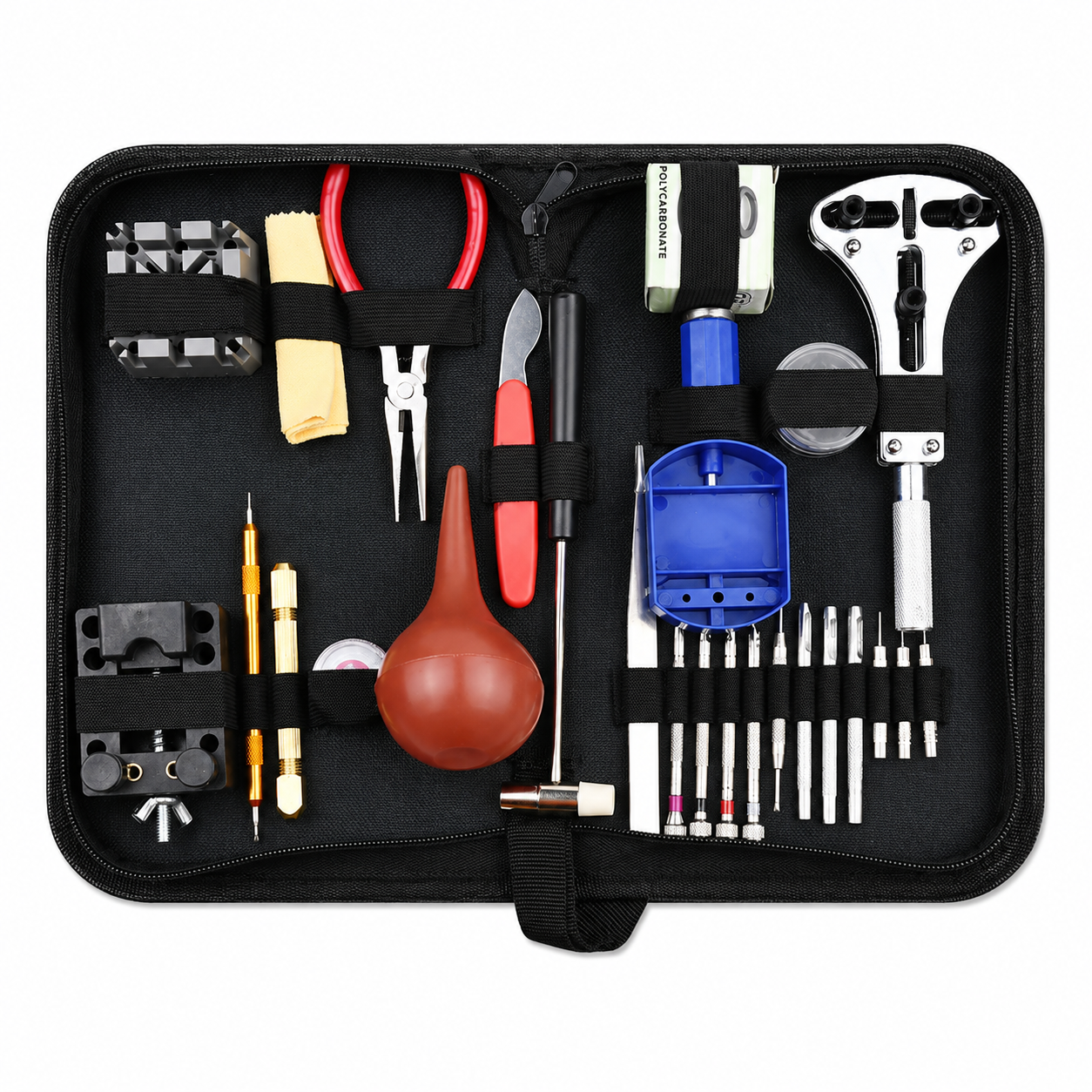 Kit profesional de reparación de relojes con una amplia gama de herramientas como se muestra
