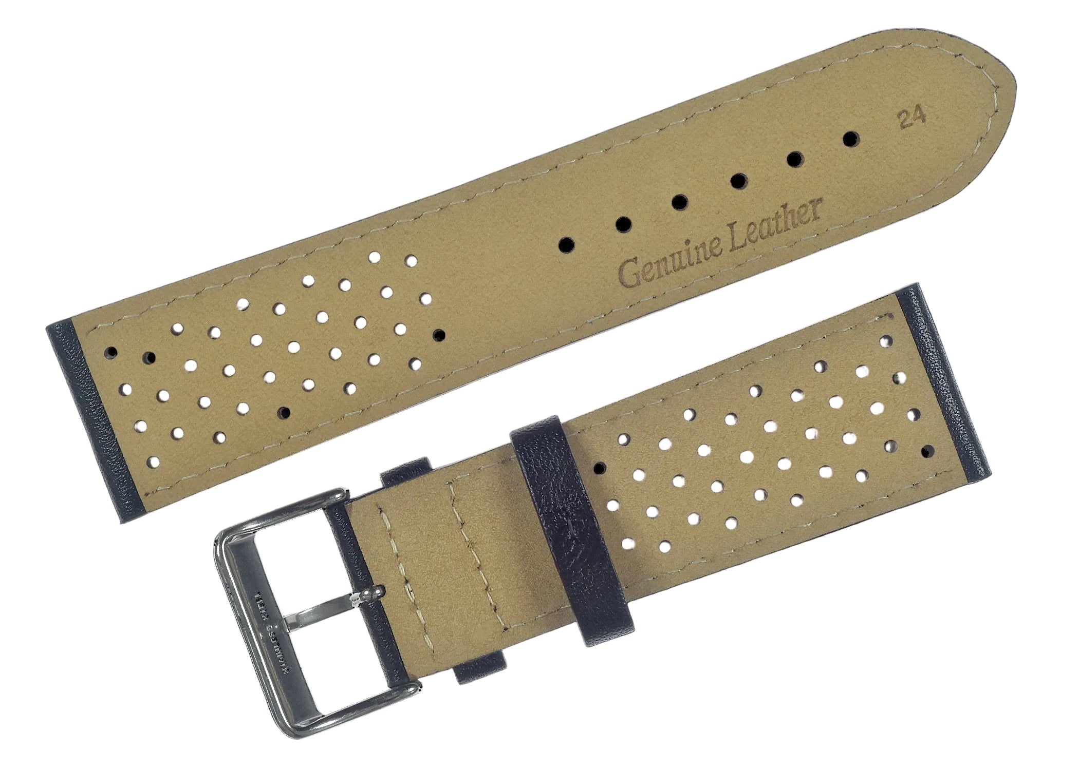 Klassisches 20mm schwarzes Leder-Uhrenarmband im Retro-Rallye-Muster der 1970er / 1980er Jahre