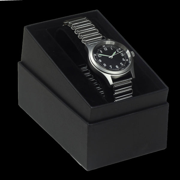 A-11 1940s WWII Pattern Automatic Military Watch – 100m Water Resistant, Box Sapphire Crystal, Retro "Bonklip" Bracelet + Additional Canvas Strap