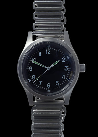 A-11 1940s WWII Pattern Automatic Military Watch – 100m Water Resistant, Box Sapphire Crystal, Retro "Bonklip" Bracelet + Additional Canvas Strap