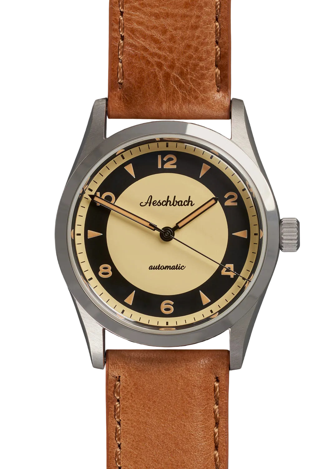 Aeschbach 1950er Muster 25-Jewel Automatik, 200m wasserdichte Uhr mit retro lumineszierender Farbe, Saphirglas und Kalblederarmband