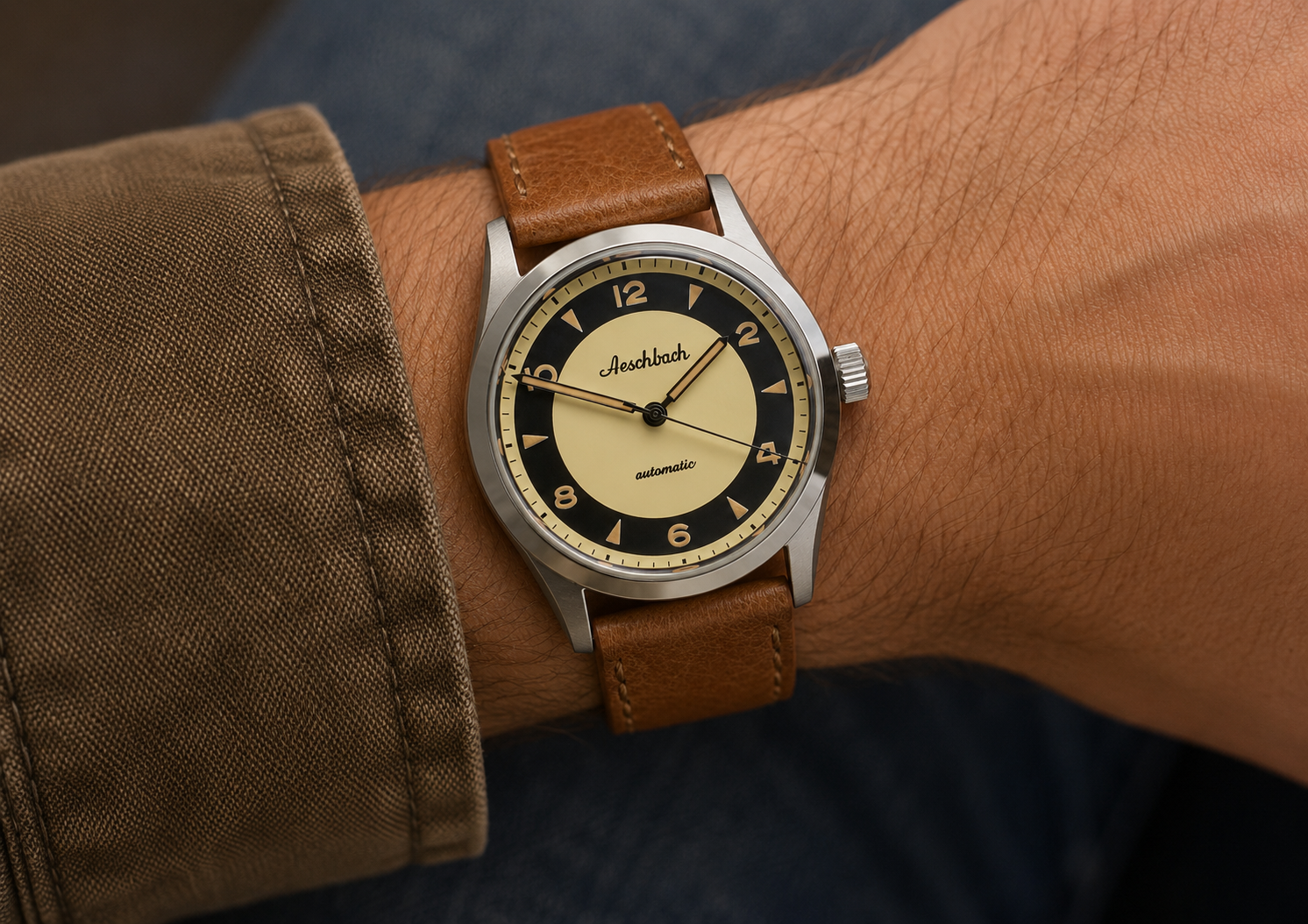 Aeschbach 1950er Muster 25-Jewel Automatik, 200m wasserdichte Uhr mit retro lumineszierender Farbe, Saphirglas und Kalblederarmband