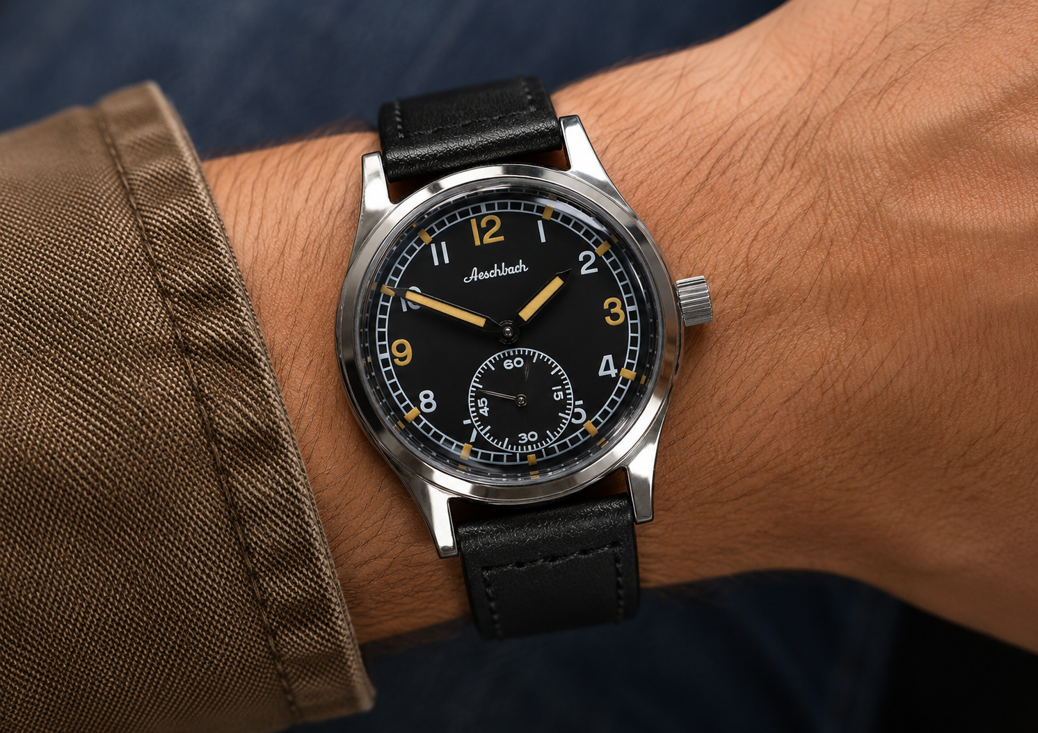 Reloj de servicio alemán Wehrmacht y Luftwaffe patrón WW2 Aeschbach con cristal de caja de zafiro y movimiento mecánico automático de 21 rubíes