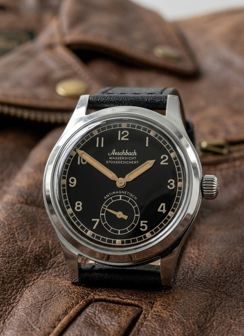 Aeschbach WW2 Muster Deutschland Luftwaffe / Reichsluftfahrtministerium (RLM) Piloten Uhr mit einem 24-Jewel Schweizer Sellita SW216 Uhrwerk und einem gewölbten Vintage-Box-Saphirglas