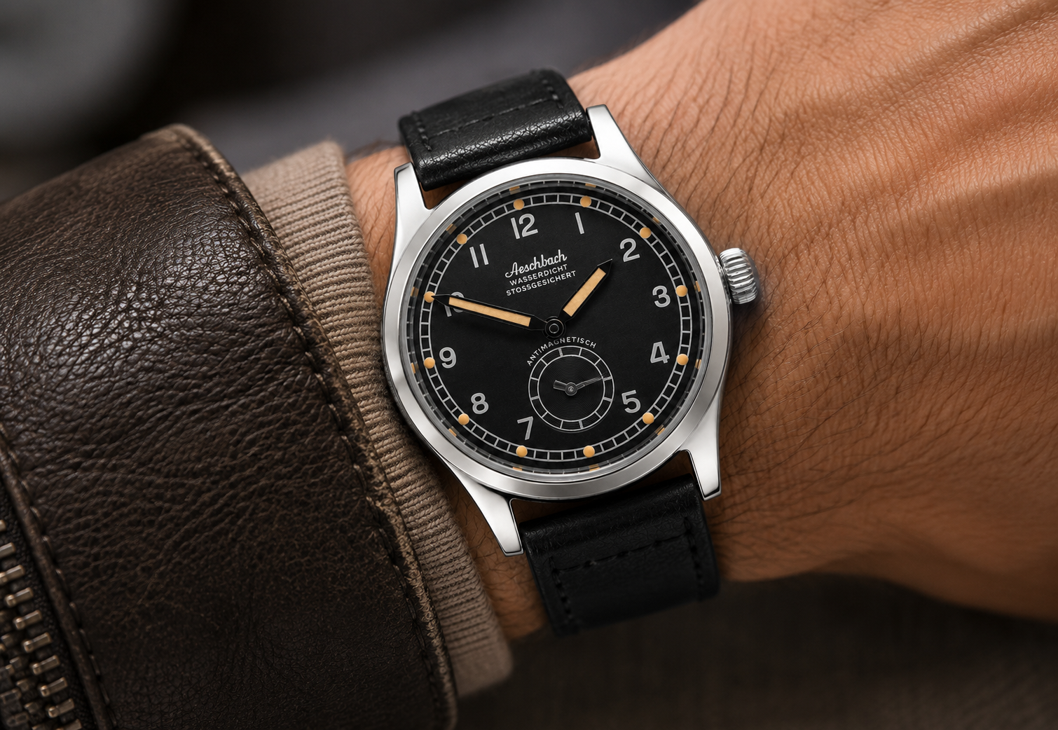 Aeschbach WW2 Muster Deutschland Luftwaffe / Reichsluftfahrtministerium (RLM) Piloten Uhr mit einem automatischen Schweizer 31-Jewel Sellita SW260 Mechanismus und einem gewölbten Vintage-Saphirglas