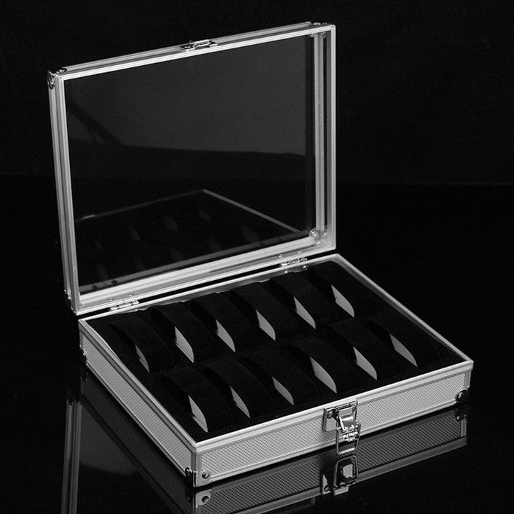 Aluminium-Display-Box für 12 Uhren mit klarem Deckel