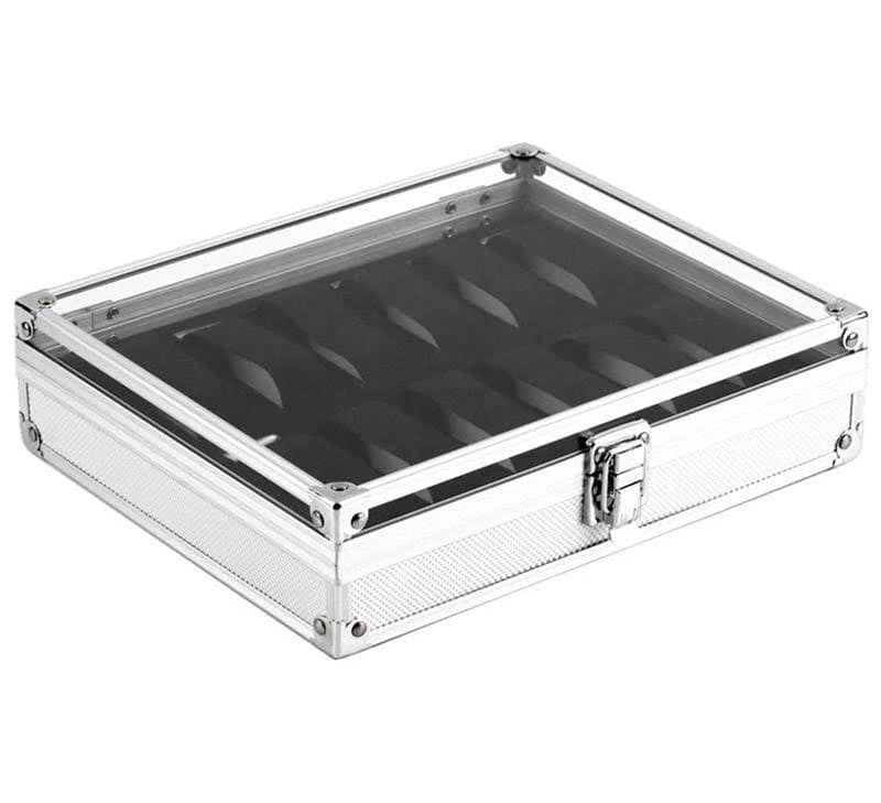 Aluminium-Display-Box für 12 Uhren mit klarem Deckel