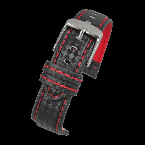 18mm Premium Schwarzes Carbonfaser-Uhrenarmband mit roten Nähten