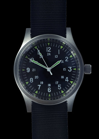 GG-W-113 U.S. 1960s Pattern Automatic Military Watch – 100m Water Resistant, Sapphire Box Crystal, Retro Stainless Steel "Bonklip" Bracelet + Additional Webbing Strap