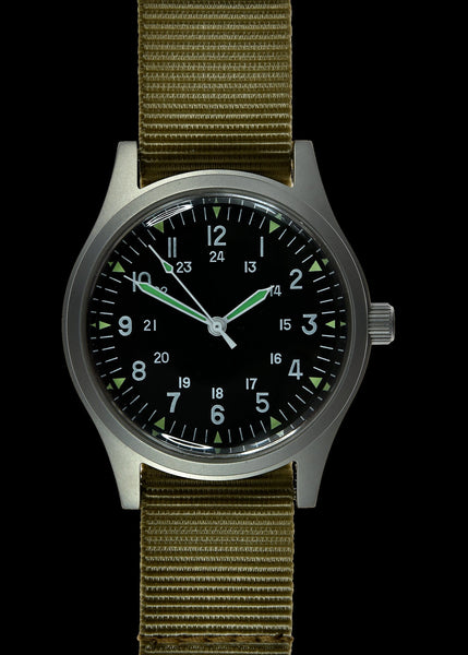 GG-W-113 U.S. 1960s Pattern Automatic Military Watch – 100m Water Resistant, Sapphire Box Crystal, Retro Stainless Steel "Bonklip" Bracelet + Additional Webbing Strap
