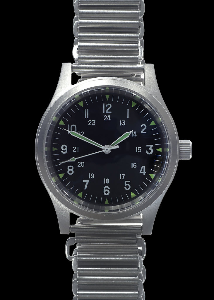 GG-W-113 U.S. 1960s Pattern Automatic Military Watch – 100m Water Resistant, Sapphire Box Crystal, Retro Stainless Steel "Bonklip" Bracelet + Additional Webbing Strap