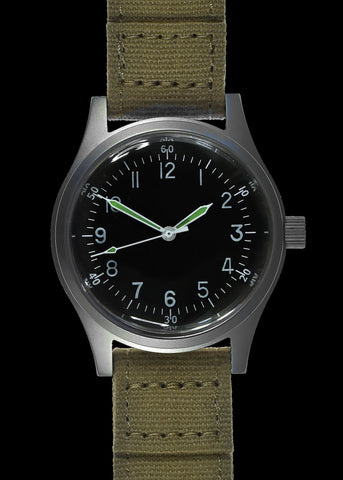A-11 1940s WWII Pattern Automatic Military Watch – 100m Water Resistant, Box Sapphire Crystal, Retro "Bonklip" Bracelet + Additional Canvas Strap