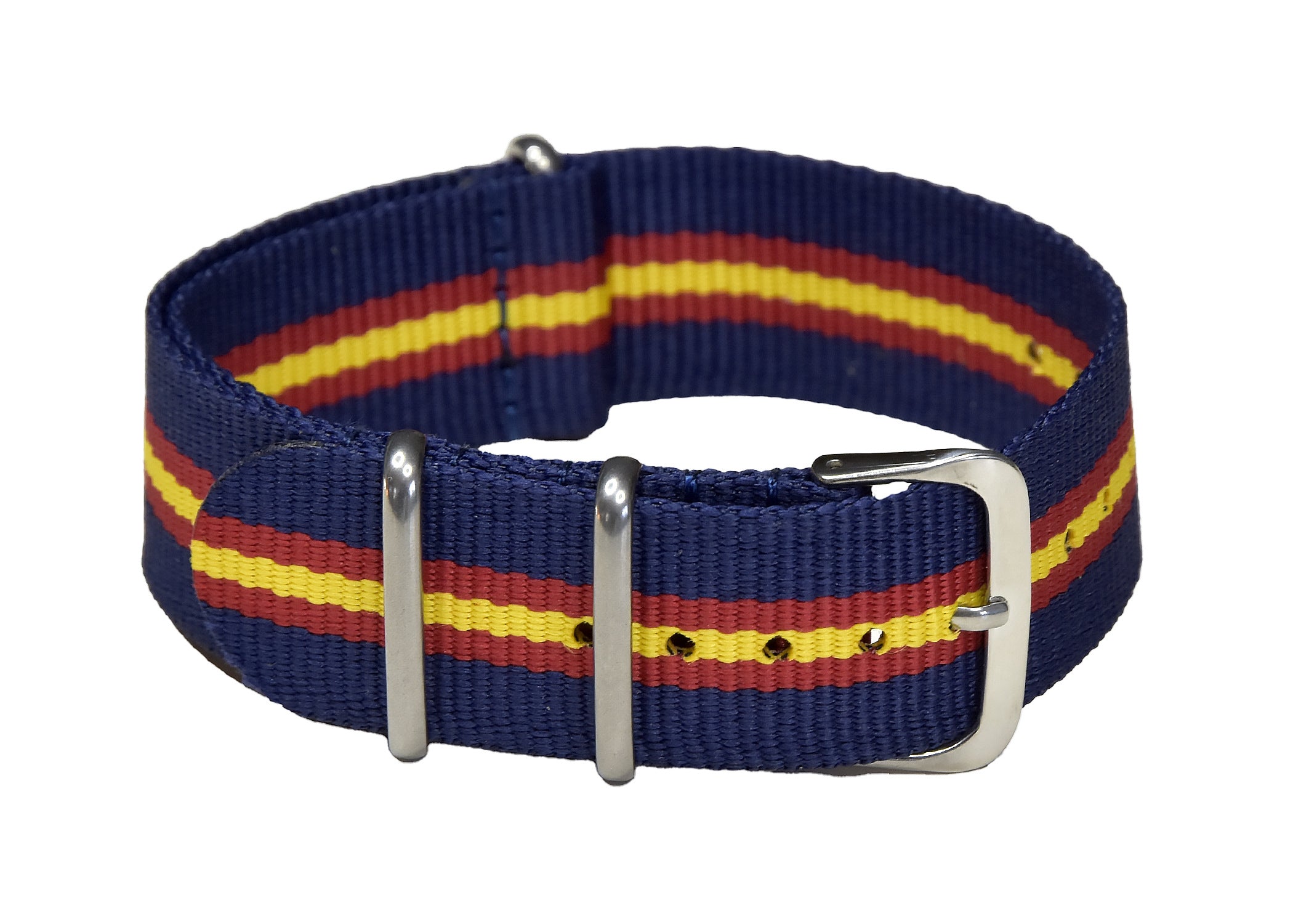 18mm NATO-Militär-Uhrenarmband in Marineblau, Rot und Gelb.