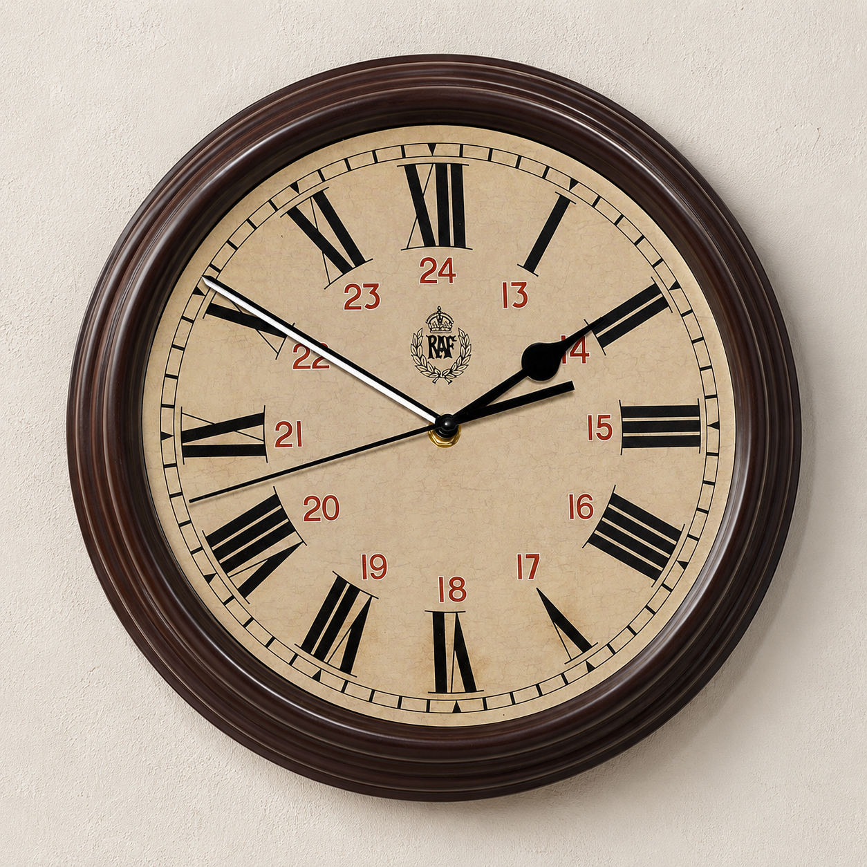 RAF 1943 Muster Replica 12/24 Wanduhr mit lautlosem Quarzwerk und durchgehender Sekunde (Größe 12"/30,5 cm)