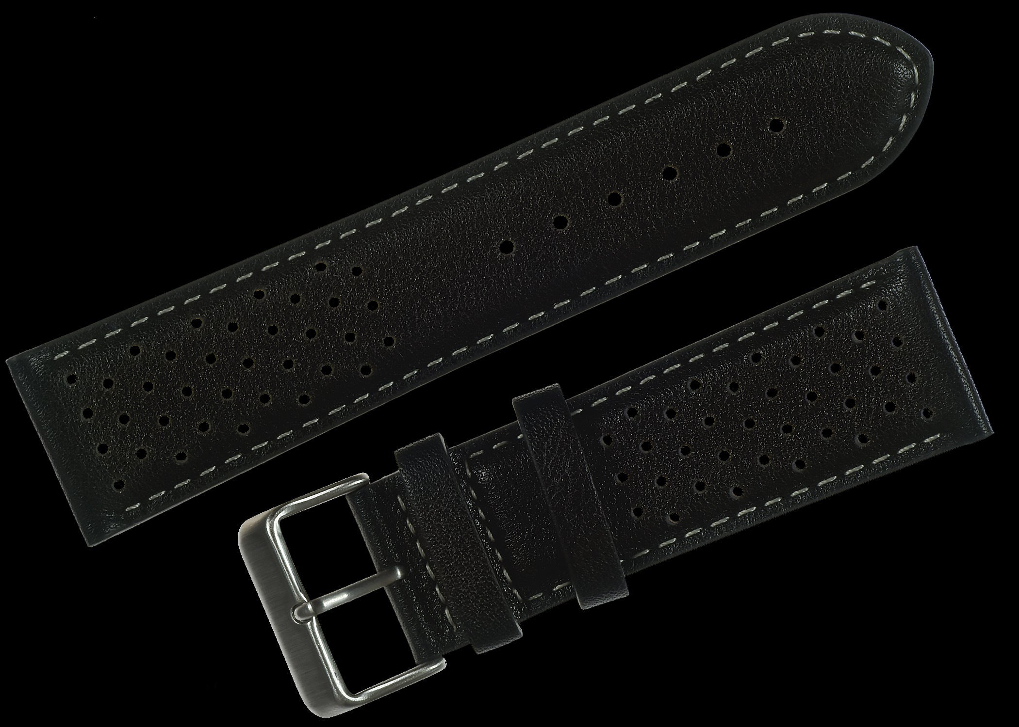 Klassisches Retro-Rallye-Muster 20mm schwarzes Leder-Uhrenarmband aus den 1970er / 1980er Jahren