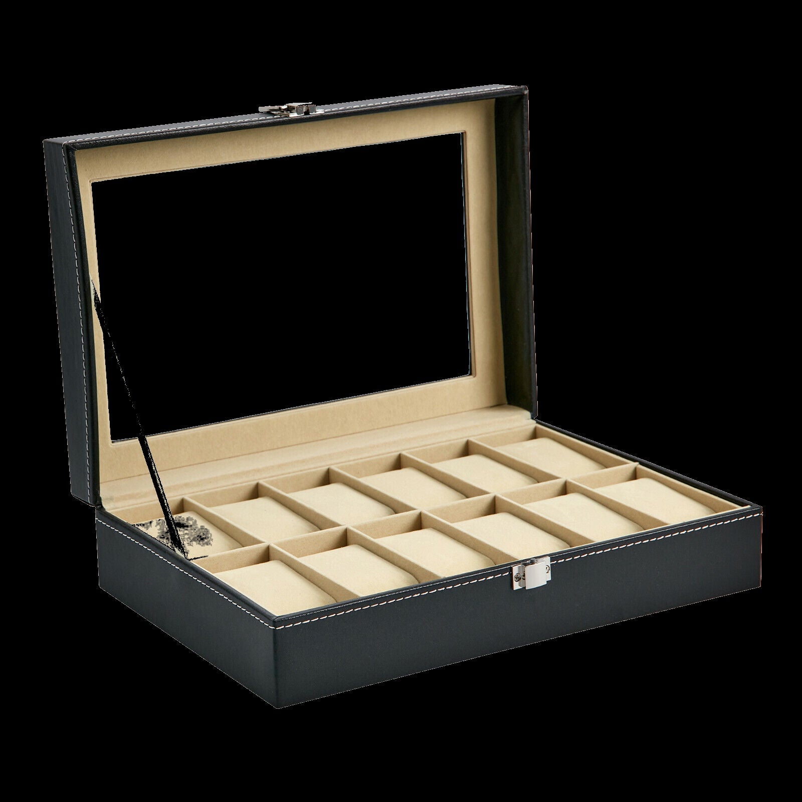 Boîte d'exposition pour montres en cuir PU pour 12 montres avec couvercle transparent et serrure