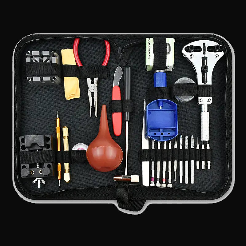 Professionelles Uhrenreparaturset mit einer umfangreichen Auswahl an Werkzeugen wie abgebildet